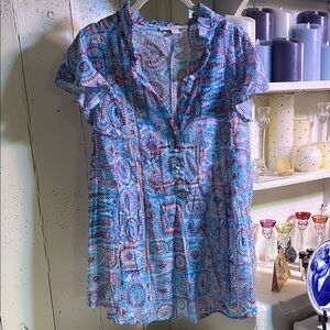 Blue Graphic Relaxed Blouse with Polo Collar